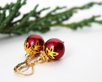 14mm Red Christmas Ball Earrings in Gold